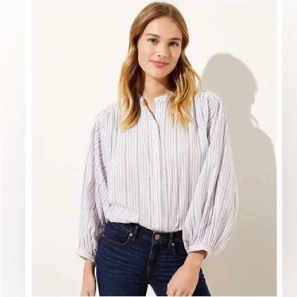 Loft Oversized Puff Sleeve Round Hem Button Up Blouse - Picture 2 of 15